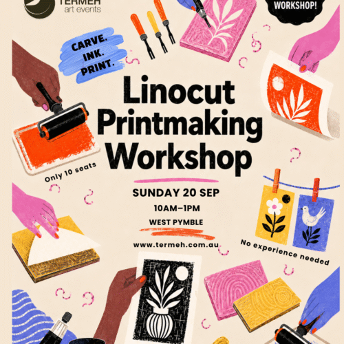 Linocut Printmaking Workshop flyer — Sunday 20 September 2026, 10am to 1pm, West Pymble NSW, only 10 seats, no experience needed