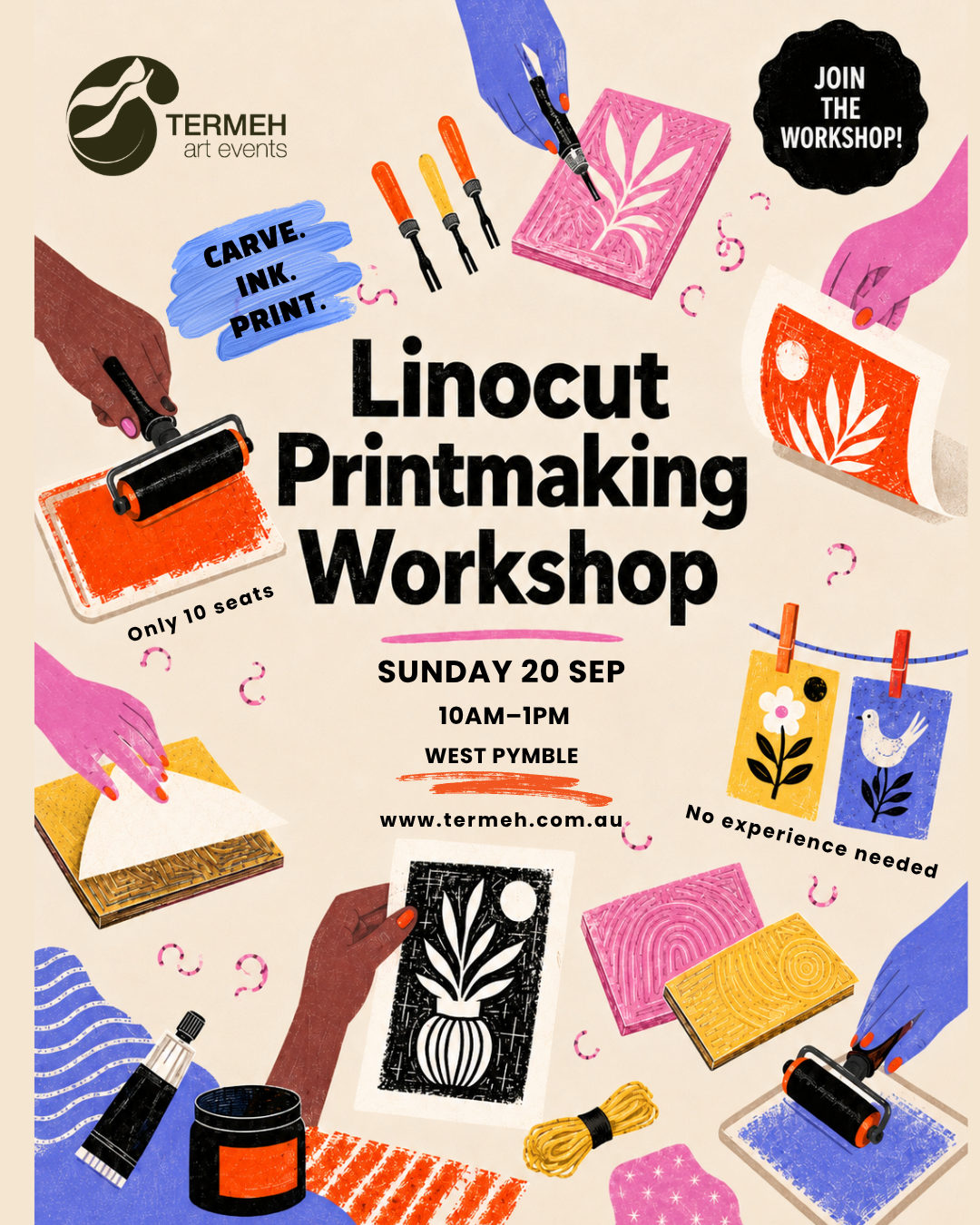 Linocut Printmaking Workshop flyer — Sunday 20 September 2026, 10am to 1pm, West Pymble NSW